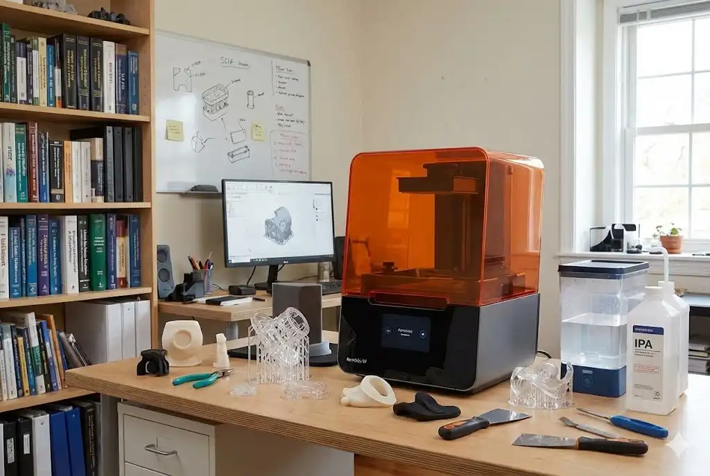 机に置いた光造形3Dプリンターと洗浄機、工具