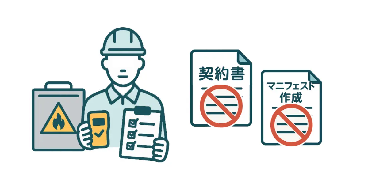 産業廃棄物管理票（マニフェスト）の複雑な運用フローと積み上がった廃液缶