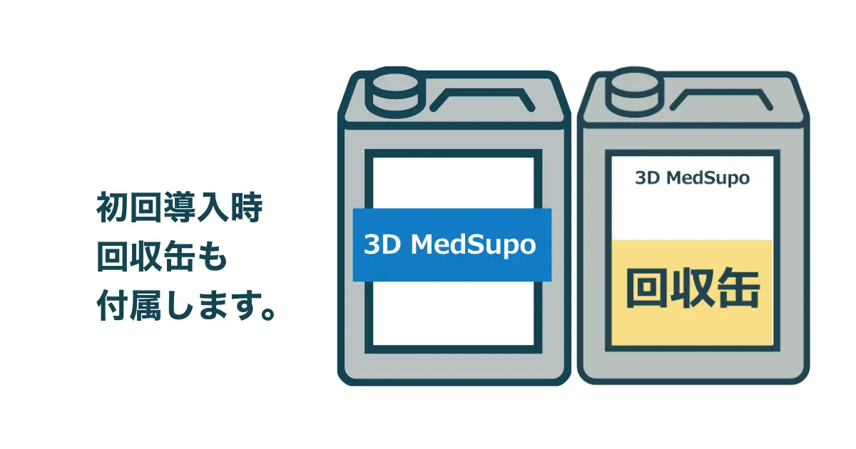 3D Medsupo製品ボトルと回収用一斗缶