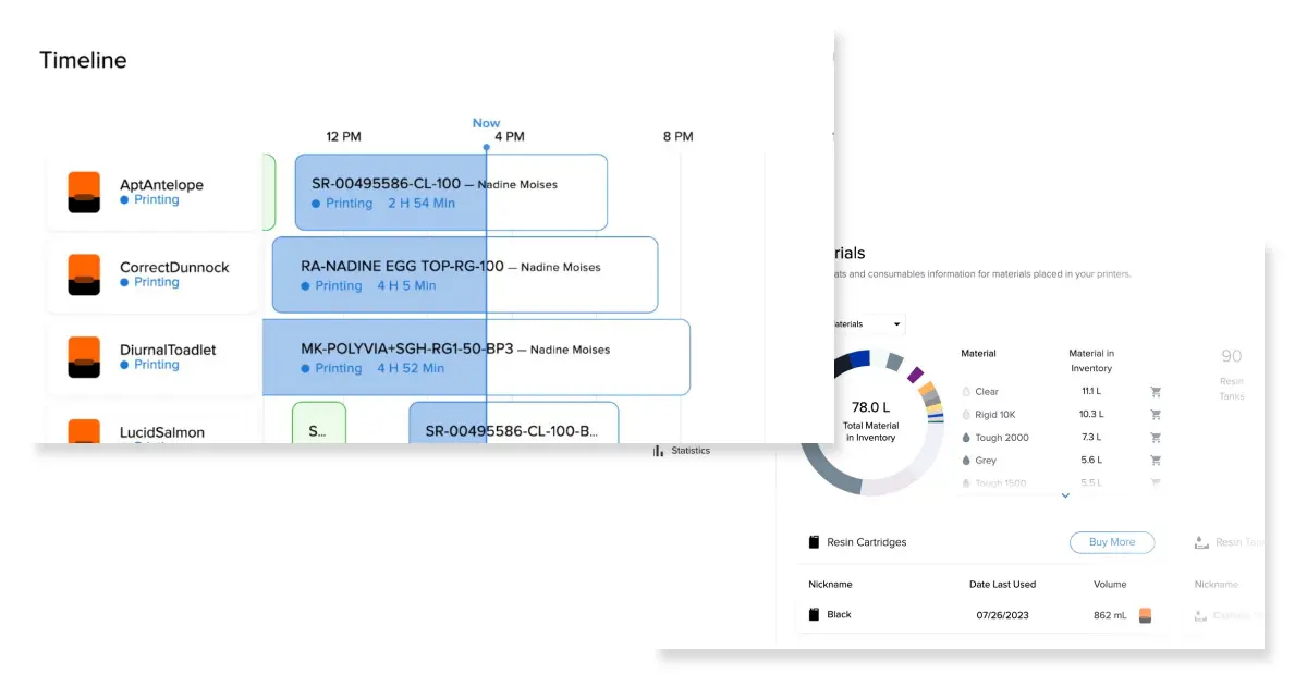 Form 4のパネルのStart Printを押す指と、スマートフォンの画面で残り時間が表示されているDashboard画面。
