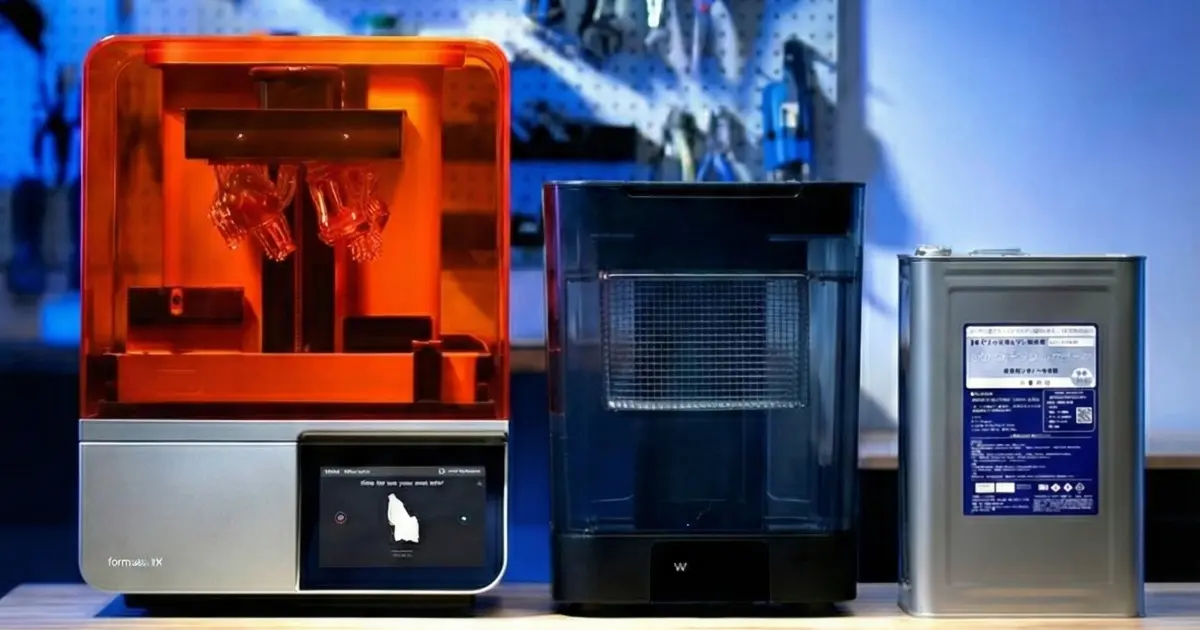 Form 4とForm Wash 2、洗浄液3D Medsupoを並べた効率的なワークフローの様子