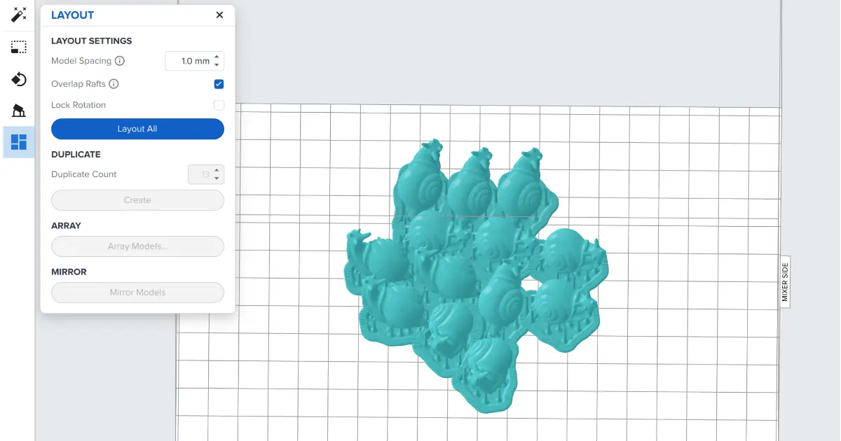 PreFormのレイアウト設定画面でラフトを重ねるオプションを有効にする手順