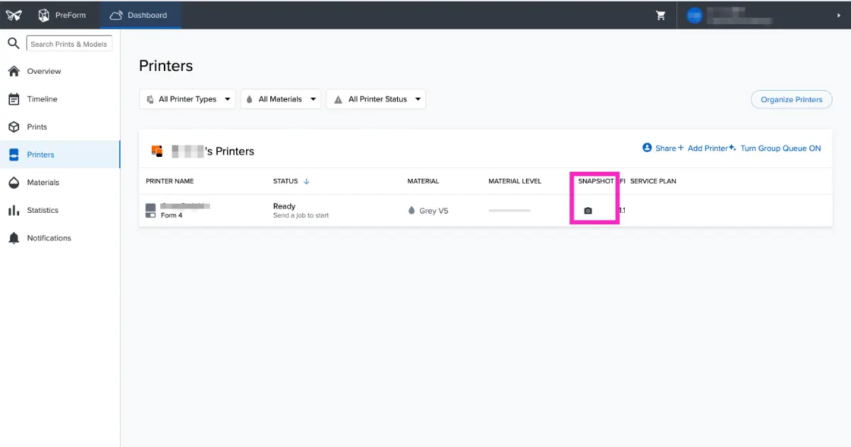 Formlabs Dashboard画面：Printers一覧のSNAPSHOT列にカメラアイコンが表示されている状態