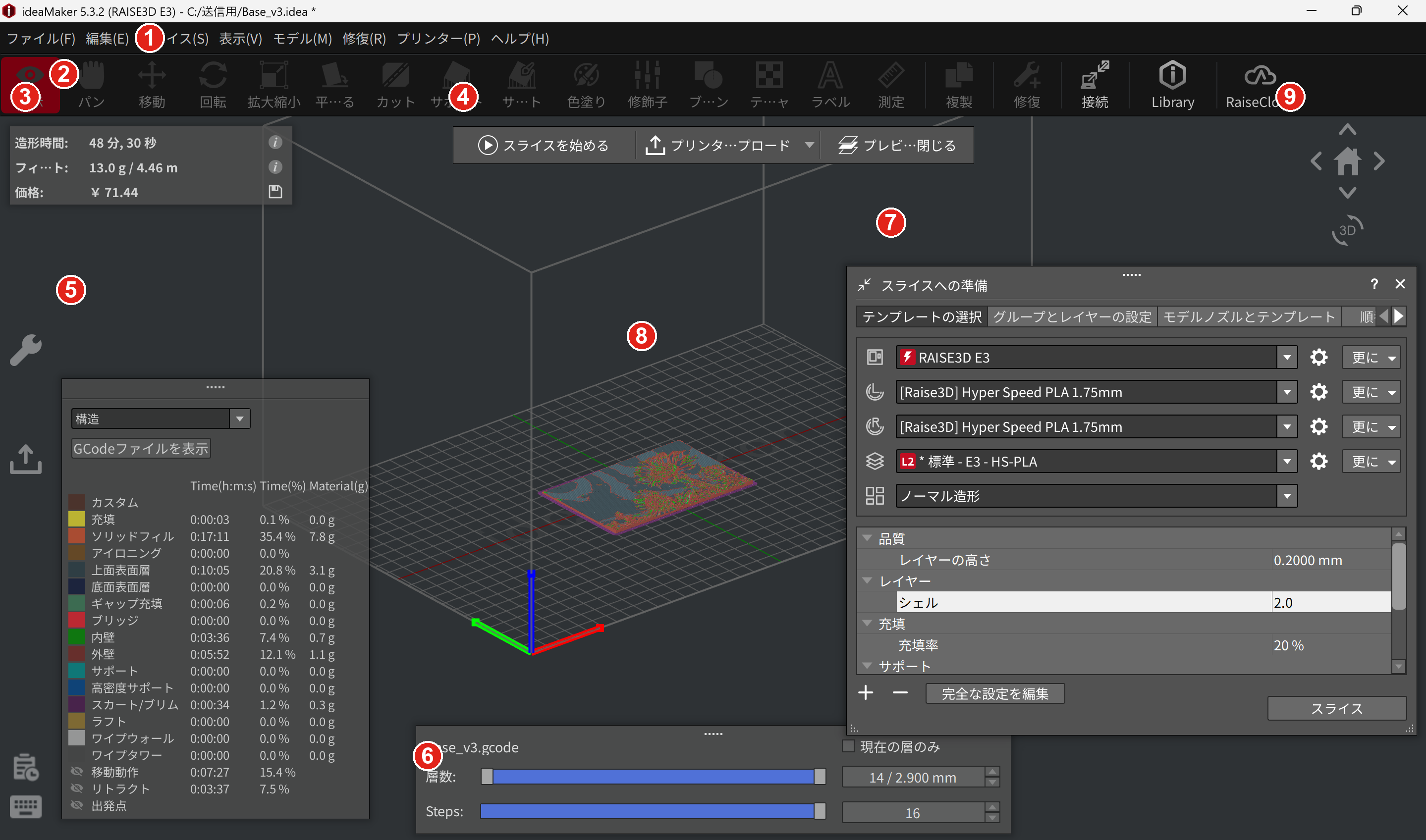 ideaMaker の画面全体。番号1〜9が各エリアを指している