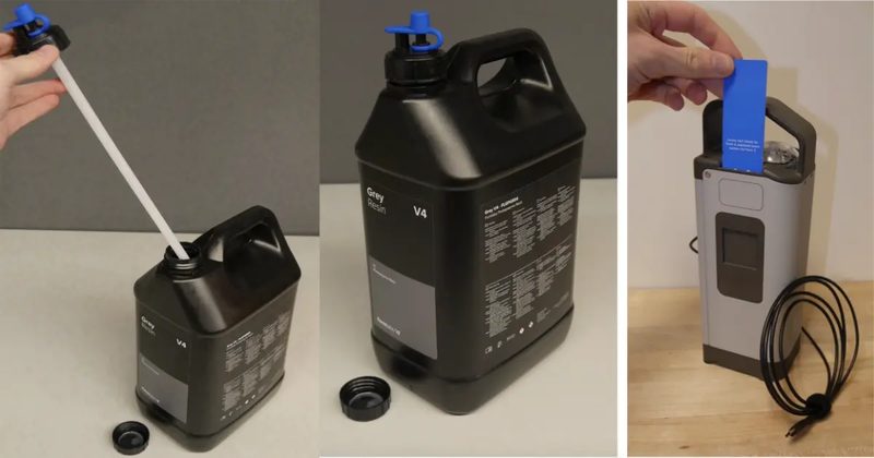 3 枚組の写真。青いキャップに白いチューブを通して容器に取り付ける手元、キャップを外した大きな黒いレジン容器、ポンプ本体上部のスロットに青いカードを挿し込む手元
