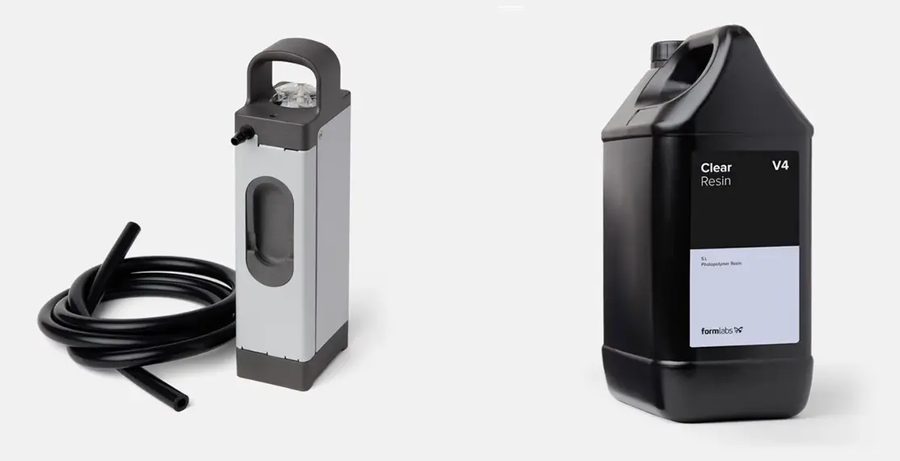レジンポンプ本体と巻いた黒いシリコンチューブ、5L と書かれた黒いレジン容器が並んだ製品写真