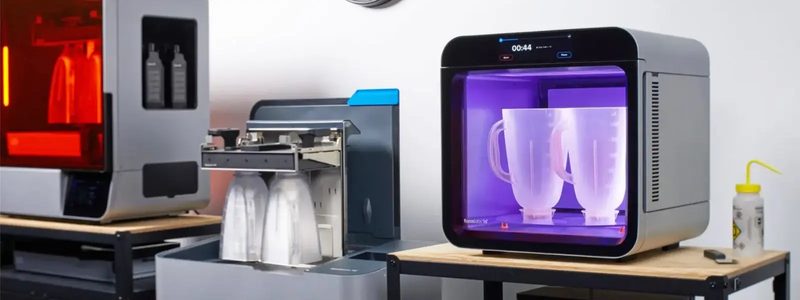 作業台に並んだプリンタ・洗浄機・Form Cure L（V2）。硬化機の庫内は紫色に光り、透明な大型パーツ 2 点を硬化中で、パネルに 00:44 と表示されている