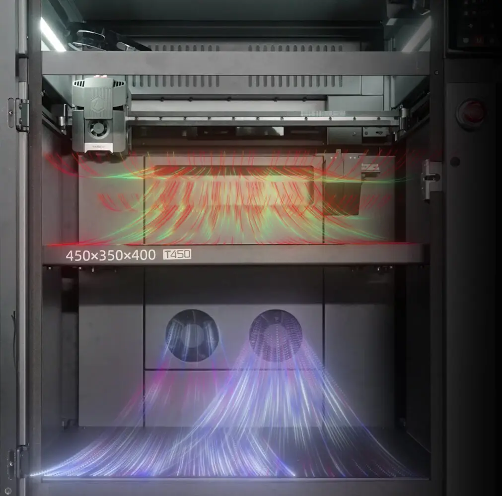 T450 の庫内。上部の加熱気流と下部の冷却気流を色分けした図