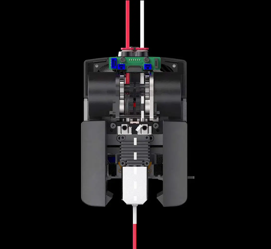 TwinFlow プリントヘッドの内部構造。2 本のフィラメントが 1 つのノズルに入る