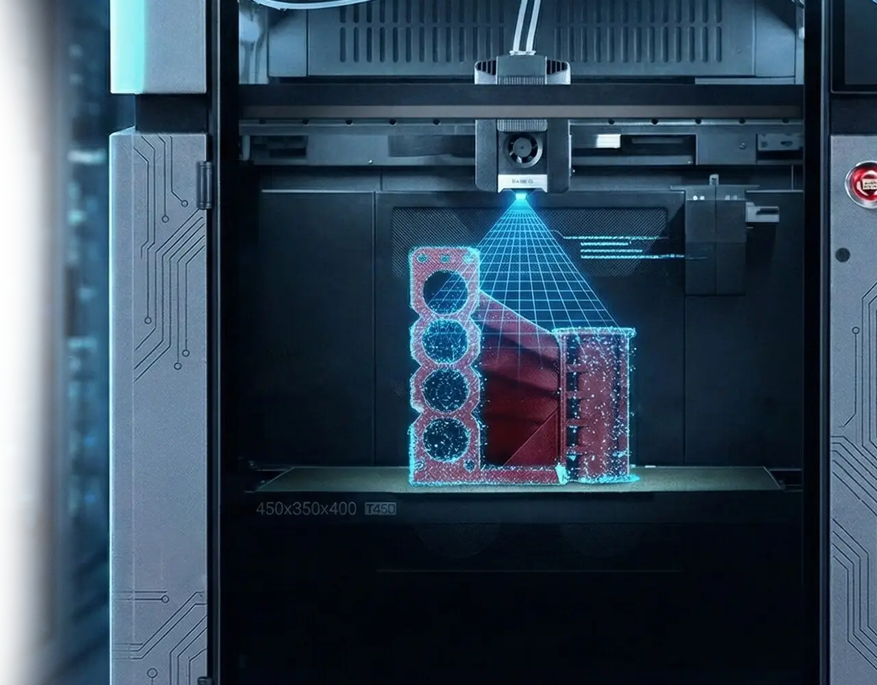 T450 の庫内で造形物をカメラがスキャンする様子を表した図